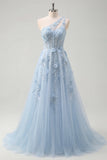 Robe longue de bal de promo longue corset bleu à une épaule à une épaule en ligne A avec perles