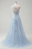 Robe longue de bal de promo longue corset bleu à une épaule à une épaule en ligne A avec perles