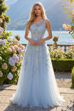 Robe longue de bal de promo longue corset bleu à une épaule à une épaule en ligne A avec perles