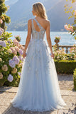 Robe longue de bal de promo longue corset bleu à une épaule à une épaule en ligne A avec perles