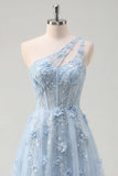 Robe longue de bal de promo longue corset bleu à une épaule à une épaule en ligne A avec perles