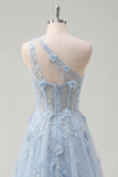 Robe longue de bal de promo longue corset bleu à une épaule à une épaule en ligne A avec perles