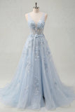 Robe de bal longue longue corset bleu en V à col en V en ligne appliquée avec fente