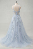 Robe de bal longue longue corset bleu en V à col en V en ligne appliquée avec fente