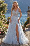 Robe de bal longue longue corset bleu en V à col en V en ligne appliquée avec fente