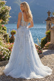 Robe de bal longue longue corset bleu en V à col en V en ligne appliquée avec fente