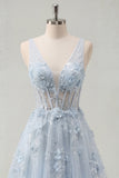 Robe de bal longue longue corset bleu en V à col en V en ligne appliquée avec fente