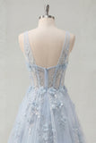 Robe de bal longue longue corset bleu en V à col en V en ligne appliquée avec fente