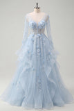 Robe de bal de bal corset bleu à manches longues perlées avec fleurs 3D appliquées