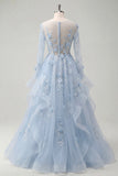 Robe de bal de bal corset bleu à manches longues perlées avec fleurs 3D appliquées