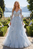 Robe de bal de bal corset bleu à manches longues perlées avec fleurs 3D appliquées