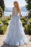Robe de bal de bal corset bleu à manches longues perlées avec fleurs 3D appliquées
