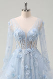 Robe de bal de bal corset bleu à manches longues perlées avec fleurs 3D appliquées