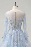 Robe de bal de bal corset bleu à manches longues perlées avec fleurs 3D appliquées