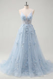 Robe de bal longue longue robe de bal à bretelles fines bleues à bretelles bleues à perles transparentes