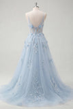 Robe de bal longue longue robe de bal à bretelles fines bleues à bretelles bleues à perles transparentes