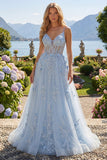Robe de bal longue longue robe de bal à bretelles fines bleues à bretelles bleues à perles transparentes