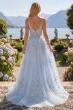 Robe de bal longue longue robe de bal à bretelles fines bleues à bretelles bleues à perles transparentes