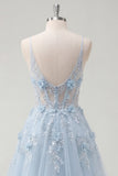 Robe de bal longue longue robe de bal à bretelles fines bleues à bretelles bleues à perles transparentes