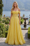 Corset jaune épaule décollée en ligne A scintillante robe longue de bal