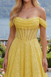 Corset jaune épaule décollée en ligne A scintillante robe longue de bal