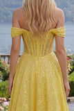 Corset jaune épaule décollée en ligne A scintillante robe longue de bal