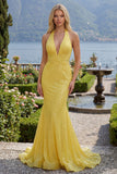 Robe longue de bal de promo à col nu jaune scintillante en sirène jaune