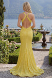 Robe longue de bal de promo à col nu jaune scintillante en sirène jaune