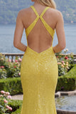 Robe longue de bal de promo à col nu jaune scintillante en sirène jaune
