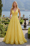 Corset jaune scintillant ligne A à col en V, paillettes Longue robe de bal avec poches
