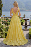 Corset jaune scintillant ligne A à col en V, paillettes Longue robe de bal avec poches