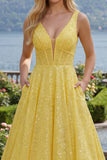 Corset jaune scintillant ligne A à col en V, paillettes Longue robe de bal avec poches
