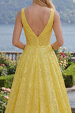 Corset jaune scintillant ligne A à col en V, paillettes Longue robe de bal avec poches