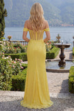 Corset sirène jaune dégagé scintillant, paillettes, longue robe de bal avec fente