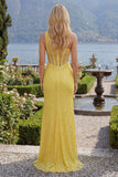 Sirène jaune scintillante corset à une épaule Sequins Longue robe de bal avec fente