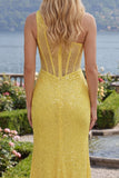 Sirène jaune scintillante corset à une épaule Sequins Longue robe de bal avec fente