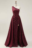 Robe de bal longue de bal à paillettes bourgogne bourgogne scintillante ligne en A sur une épaule avec fente
