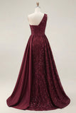 Robe de bal longue de bal à paillettes bourgogne bourgogne scintillante ligne en A sur une épaule avec fente