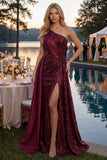Robe de bal longue de bal à paillettes bourgogne bourgogne scintillante ligne en A sur une épaule avec fente