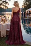 Robe de bal longue de bal à paillettes bourgogne bourgogne scintillante ligne en A sur une épaule avec fente