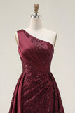 Robe de bal longue de bal à paillettes bourgogne bourgogne scintillante ligne en A sur une épaule avec fente