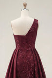 Robe de bal longue de bal à paillettes bourgogne bourgogne scintillante ligne en A sur une épaule avec fente