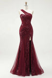 Robe de bal longue à paillettes sirène bourgogne à une épaule et fendue