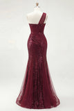 Robe de bal longue à paillettes sirène bourgogne à une épaule et fendue