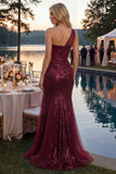 Robe de bal longue à paillettes sirène bourgogne à une épaule et fendue
