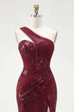 Robe de bal longue à paillettes sirène bourgogne à une épaule et fendue
