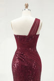 Robe de bal longue à paillettes sirène bourgogne à une épaule et fendue
