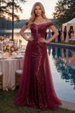 Robe longue de bal en ligne A scintillante décollée sur les épaules, sequins bordeaux