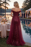 Robe longue de bal en ligne A scintillante décollée sur les épaules, sequins bordeaux