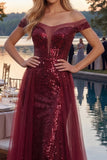 Robe longue de bal en ligne A scintillante décollée sur les épaules, sequins bordeaux